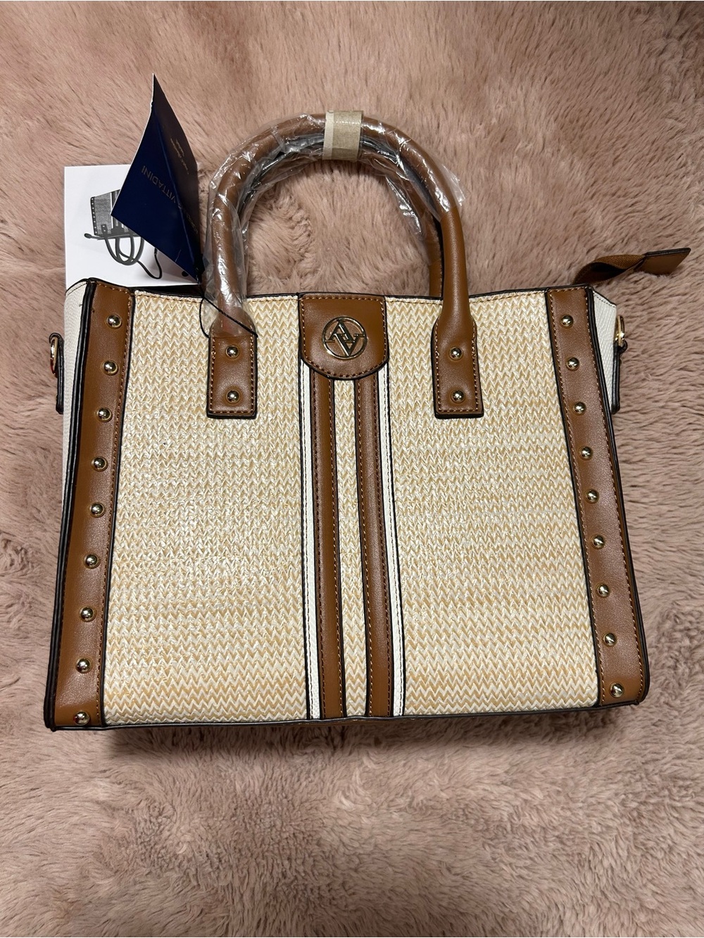 Tan & Cream Woven Satchel Tote - Designer-Inspired